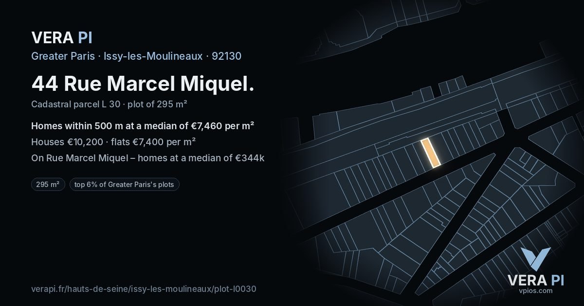 44 Rue Marcel Miquel, Issy-les-Moulineaux at night – the plot lit, the parcels around coloured by the prices near them