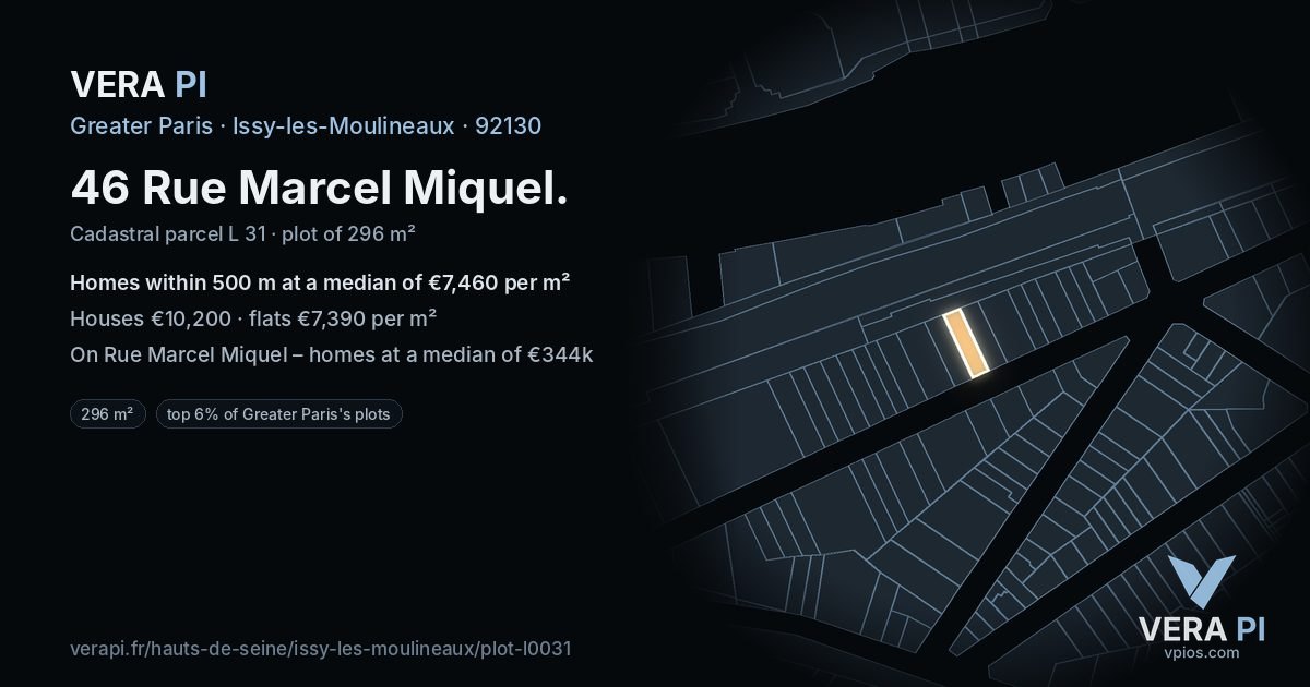 46 Rue Marcel Miquel, Issy-les-Moulineaux at night – the plot lit, the parcels around coloured by the prices near them