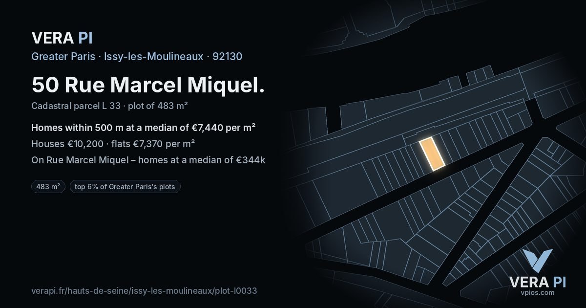 50 Rue Marcel Miquel, Issy-les-Moulineaux at night – the plot lit, the parcels around coloured by the prices near them