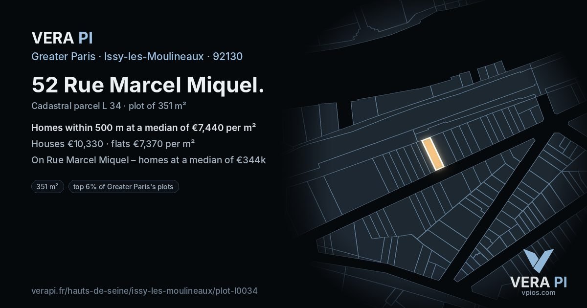 52 Rue Marcel Miquel, Issy-les-Moulineaux at night – the plot lit, the parcels around coloured by the prices near them