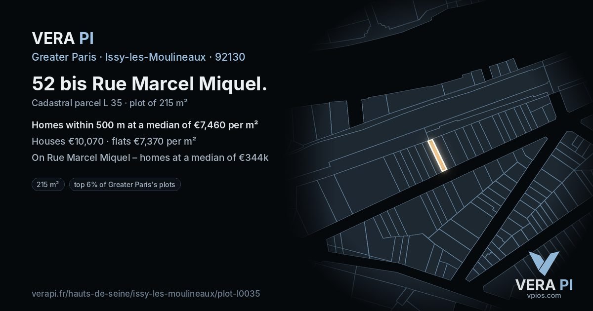 52 bis Rue Marcel Miquel, Issy-les-Moulineaux at night – the plot lit, the parcels around coloured by the prices near them
