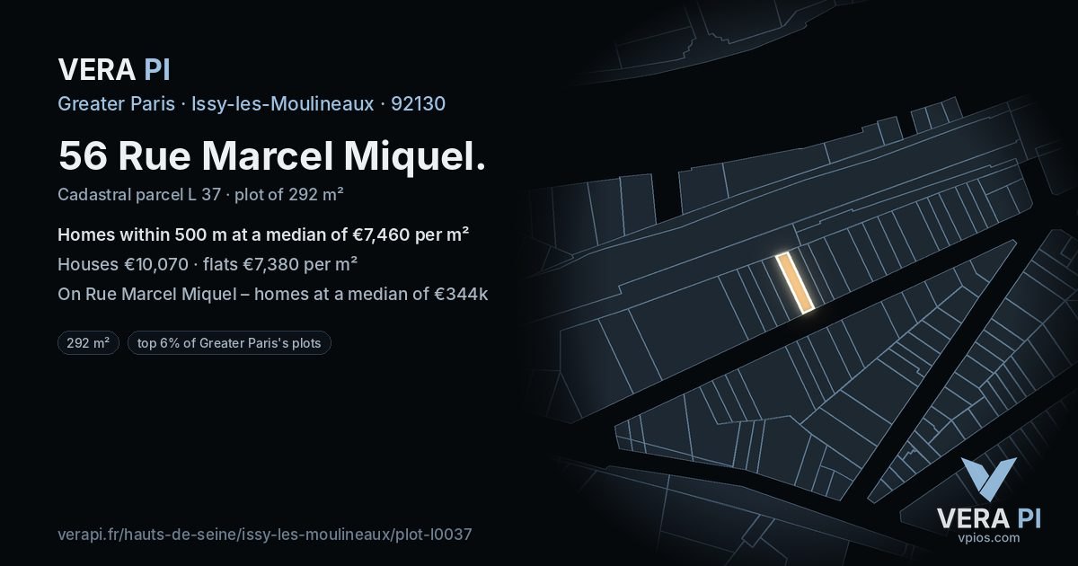 56 Rue Marcel Miquel, Issy-les-Moulineaux at night – the plot lit, the parcels around coloured by the prices near them