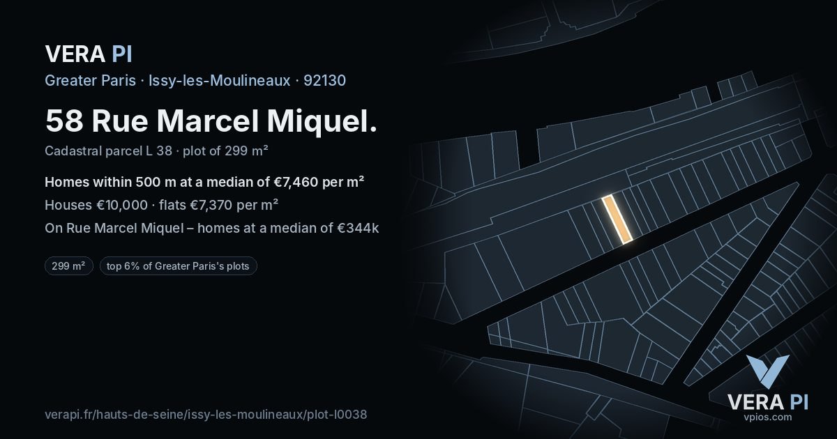 58 Rue Marcel Miquel, Issy-les-Moulineaux at night – the plot lit, the parcels around coloured by the prices near them