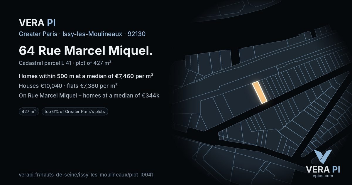 64 Rue Marcel Miquel, Issy-les-Moulineaux at night – the plot lit, the parcels around coloured by the prices near them