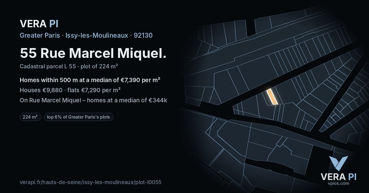 55 Rue Marcel Miquel, Issy-les-Moulineaux at night – the plot lit, the parcels around coloured by the prices near them