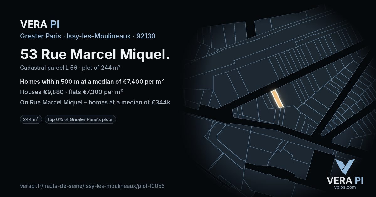 53 Rue Marcel Miquel, Issy-les-Moulineaux at night – the plot lit, the parcels around coloured by the prices near them