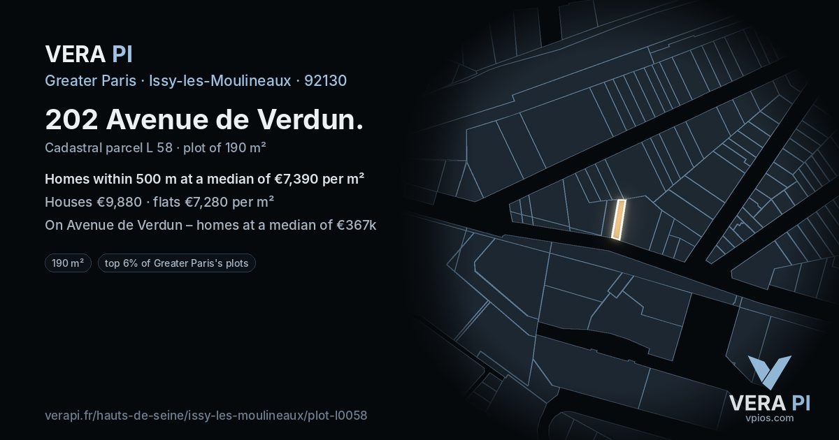 202 Avenue de Verdun, Issy-les-Moulineaux at night – the plot lit, the parcels around coloured by the prices near them