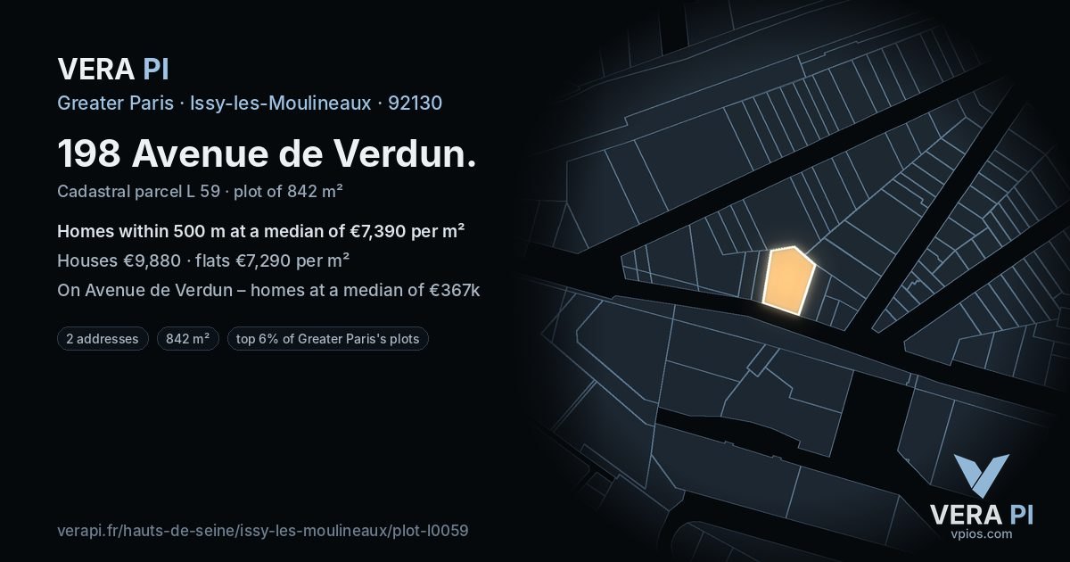 198 Avenue de Verdun, Issy-les-Moulineaux at night – the plot lit, the parcels around coloured by the prices near them