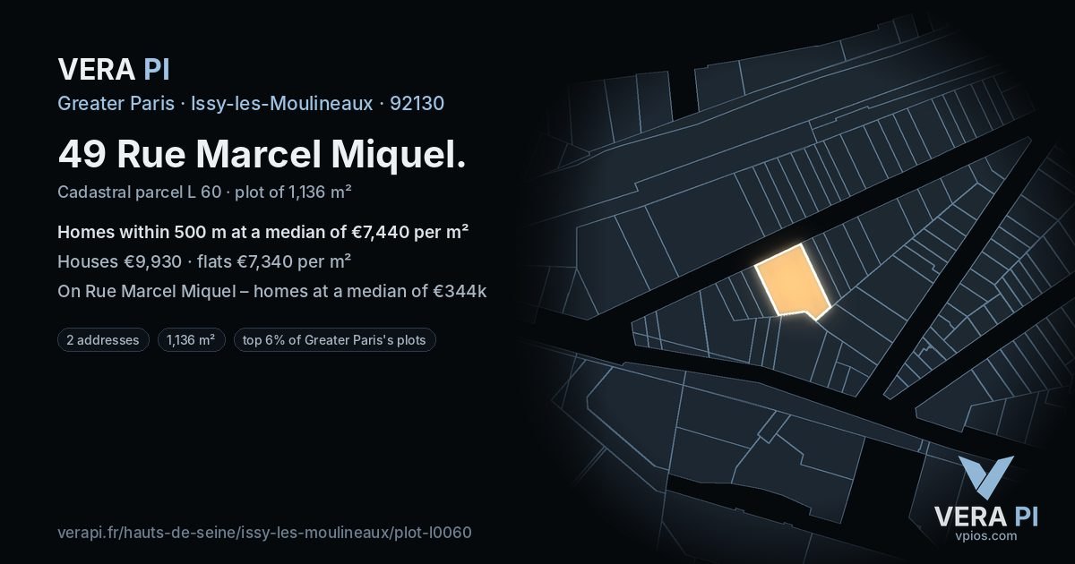 49 Rue Marcel Miquel, Issy-les-Moulineaux at night – the plot lit, the parcels around coloured by the prices near them