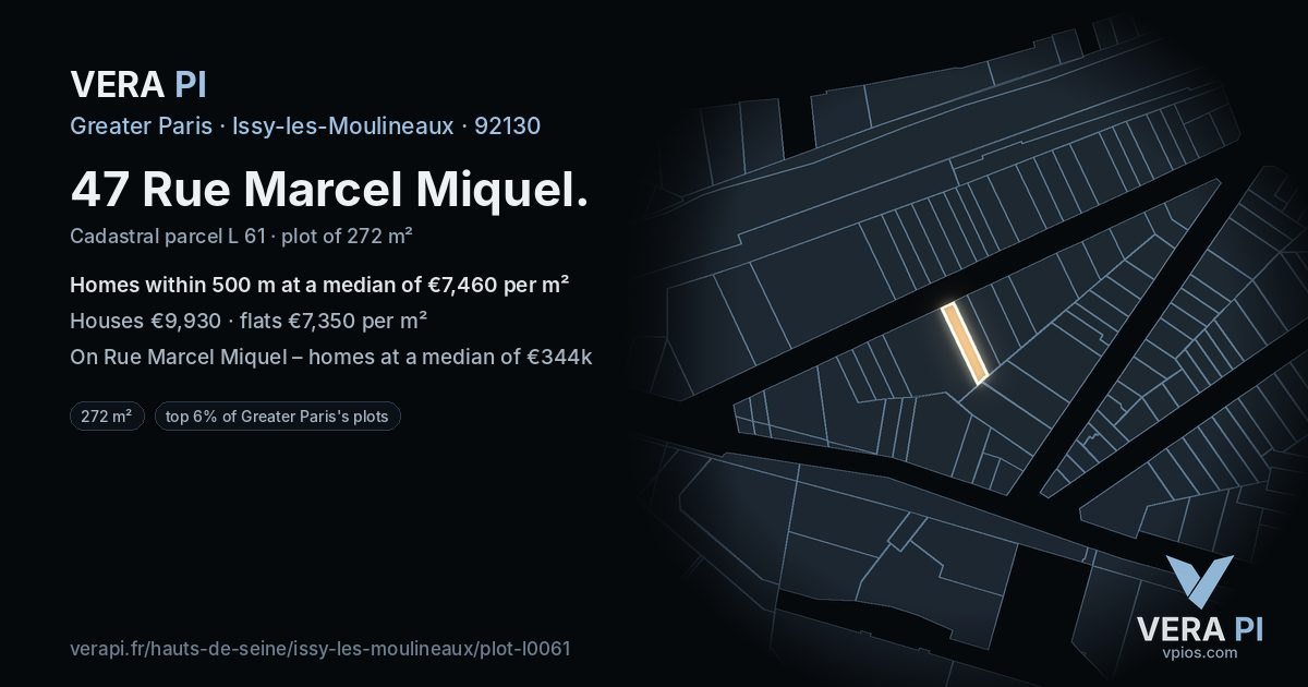 47 Rue Marcel Miquel, Issy-les-Moulineaux at night – the plot lit, the parcels around coloured by the prices near them