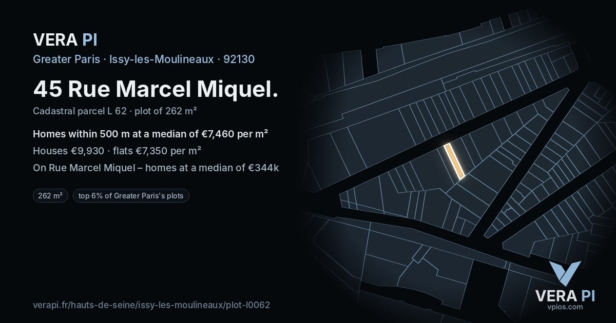 45 Rue Marcel Miquel, Issy-les-Moulineaux at night – the plot lit, the parcels around coloured by the prices near them