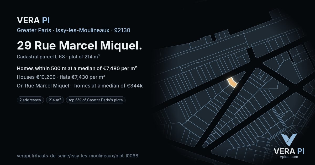 29 Rue Marcel Miquel, Issy-les-Moulineaux at night – the plot lit, the parcels around coloured by the prices near them