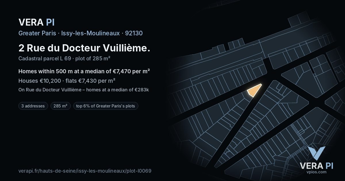 2 Rue du Docteur Vuillième, Issy-les-Moulineaux at night – the plot lit, the parcels around coloured by the prices near them