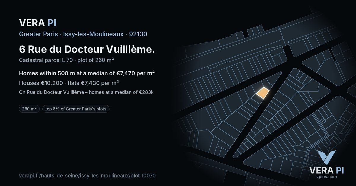 6 Rue du Docteur Vuillième, Issy-les-Moulineaux at night – the plot lit, the parcels around coloured by the prices near them