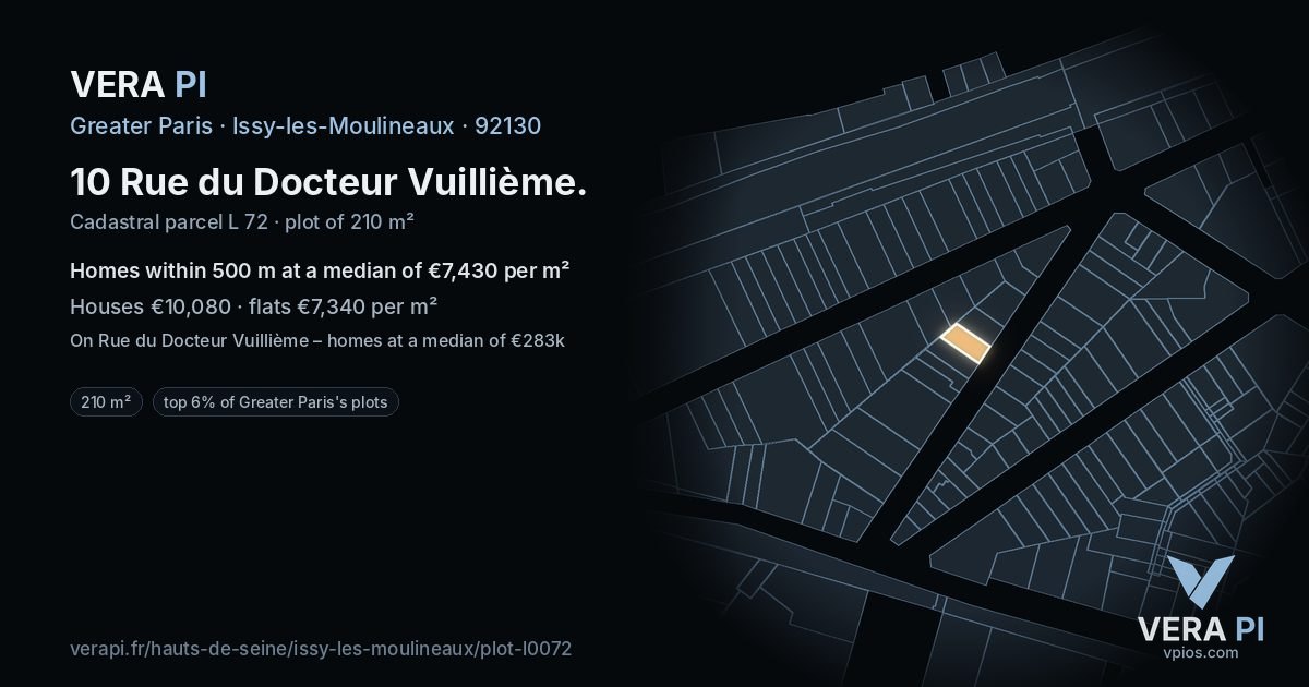 10 Rue du Docteur Vuillième, Issy-les-Moulineaux at night – the plot lit, the parcels around coloured by the prices near them