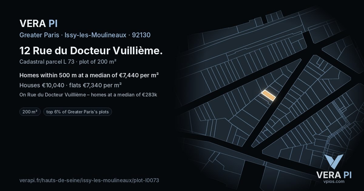 12 Rue du Docteur Vuillième, Issy-les-Moulineaux at night – the plot lit, the parcels around coloured by the prices near them