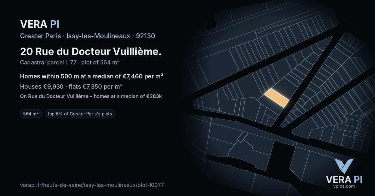 20 Rue du Docteur Vuillième, Issy-les-Moulineaux at night – the plot lit, the parcels around coloured by the prices near them