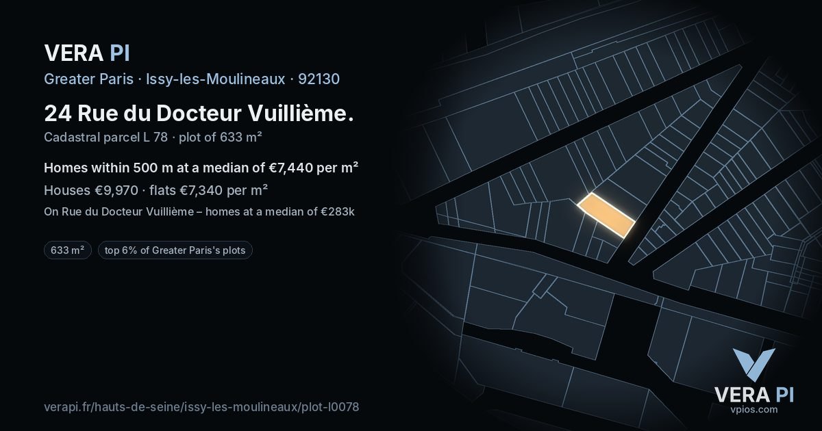 24 Rue du Docteur Vuillième, Issy-les-Moulineaux at night – the plot lit, the parcels around coloured by the prices near them