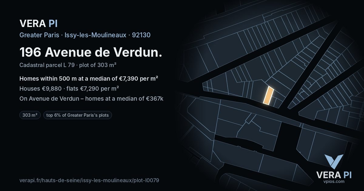 196 Avenue de Verdun, Issy-les-Moulineaux at night – the plot lit, the parcels around coloured by the prices near them