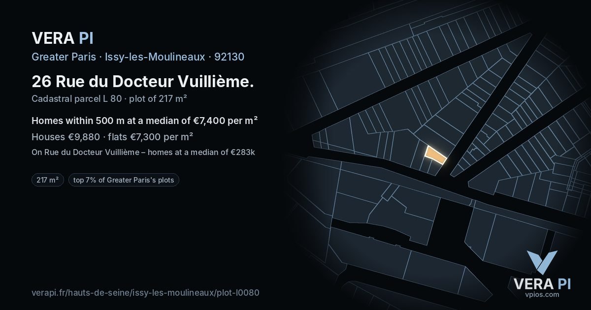 26 Rue du Docteur Vuillième, Issy-les-Moulineaux at night – the plot lit, the parcels around coloured by the prices near them