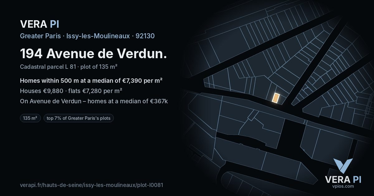 194 Avenue de Verdun, Issy-les-Moulineaux at night – the plot lit, the parcels around coloured by the prices near them