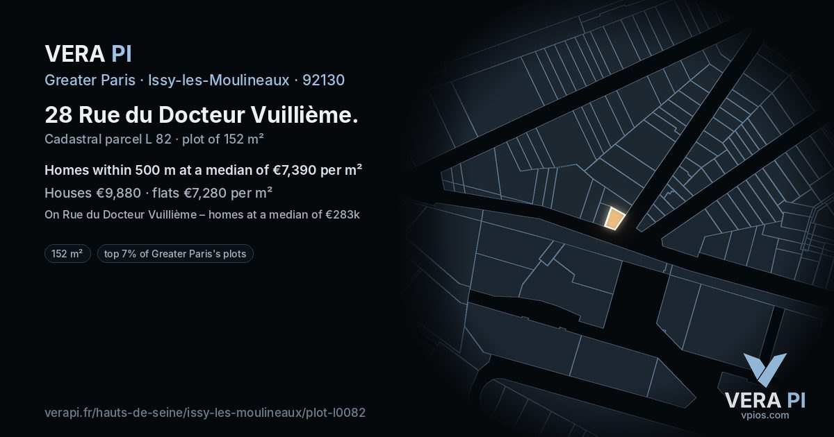 28 Rue du Docteur Vuillième, Issy-les-Moulineaux at night – the plot lit, the parcels around coloured by the prices near them