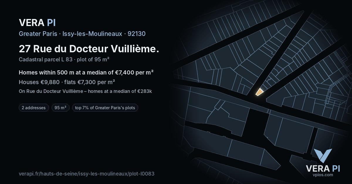 27 Rue du Docteur Vuillième, Issy-les-Moulineaux at night – the plot lit, the parcels around coloured by the prices near them