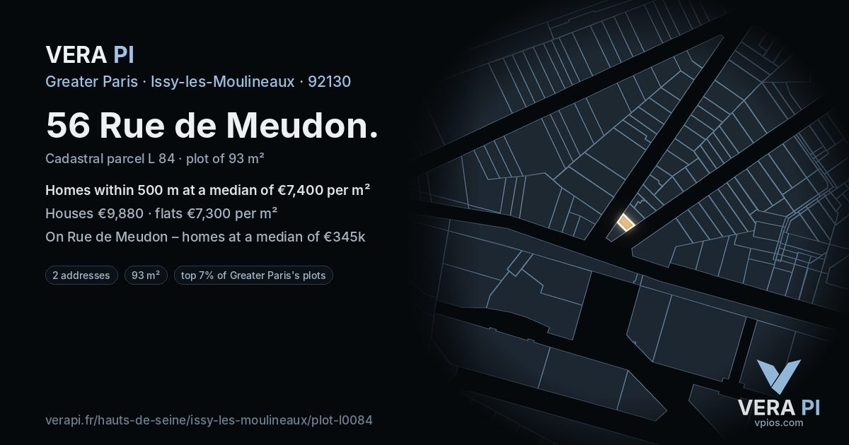 56 Rue de Meudon, Issy-les-Moulineaux at night – the plot lit, the parcels around coloured by the prices near them