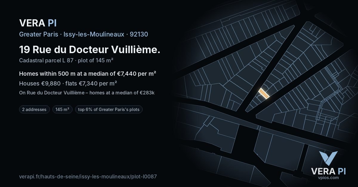 19 Rue du Docteur Vuillième, Issy-les-Moulineaux at night – the plot lit, the parcels around coloured by the prices near them