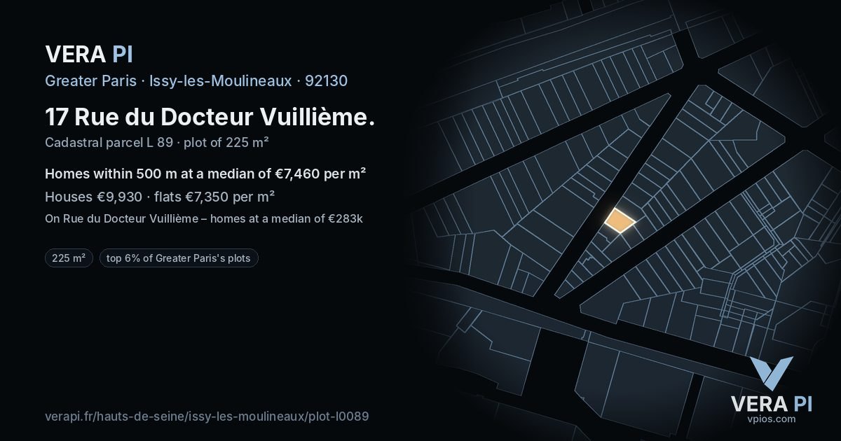 17 Rue du Docteur Vuillième, Issy-les-Moulineaux at night – the plot lit, the parcels around coloured by the prices near them