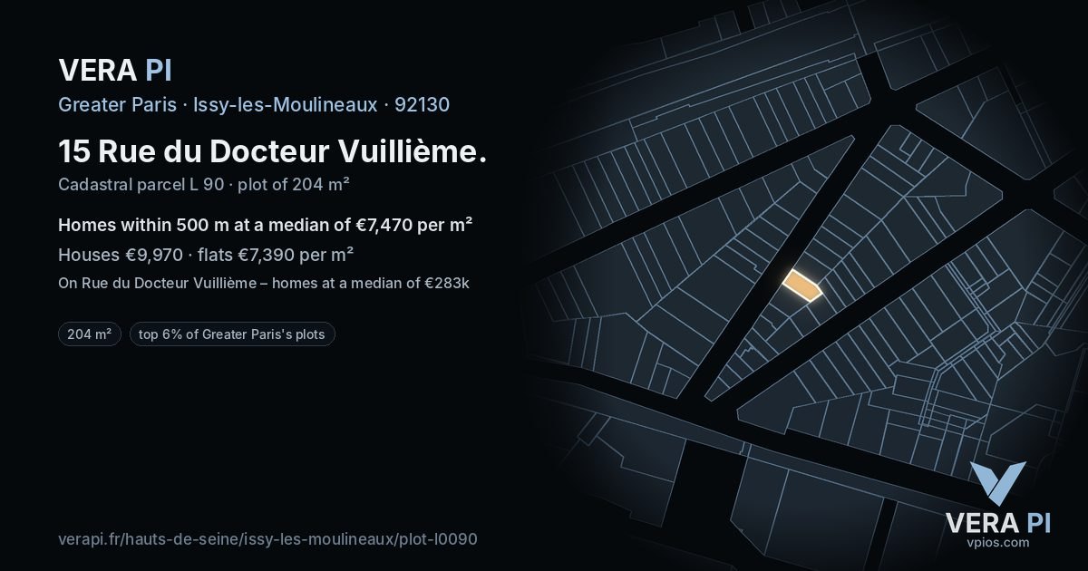 15 Rue du Docteur Vuillième, Issy-les-Moulineaux at night – the plot lit, the parcels around coloured by the prices near them