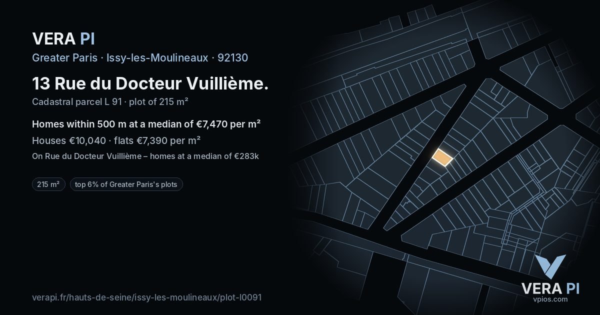 13 Rue du Docteur Vuillième, Issy-les-Moulineaux at night – the plot lit, the parcels around coloured by the prices near them