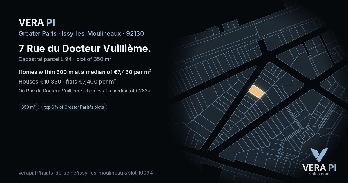 7 Rue du Docteur Vuillième, Issy-les-Moulineaux at night – the plot lit, the parcels around coloured by the prices near them