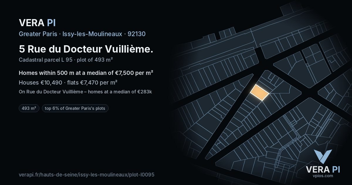 5 Rue du Docteur Vuillième, Issy-les-Moulineaux at night – the plot lit, the parcels around coloured by the prices near them