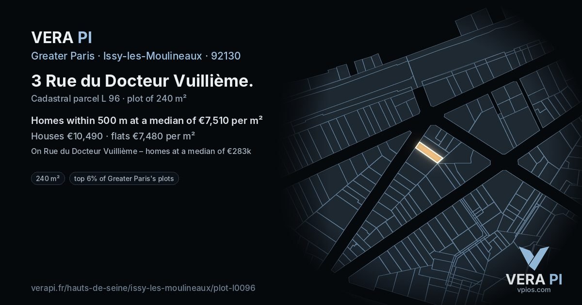 3 Rue du Docteur Vuillième, Issy-les-Moulineaux at night – the plot lit, the parcels around coloured by the prices near them