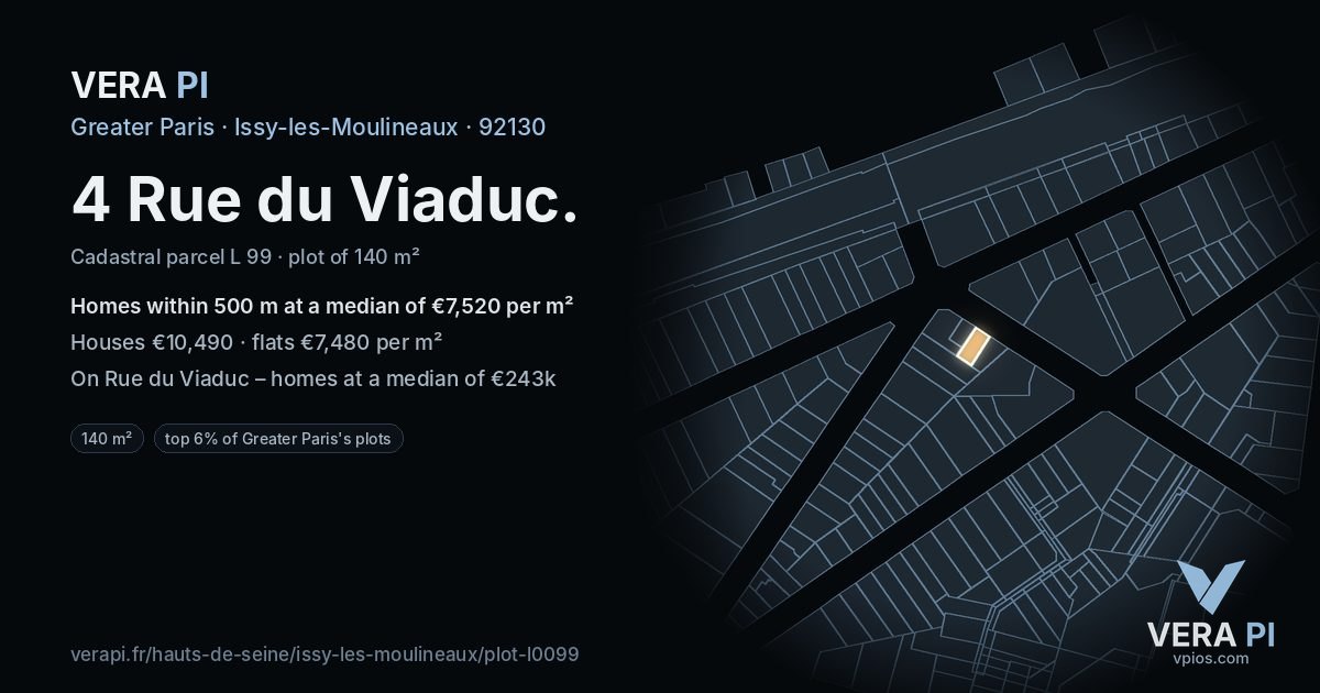 4 Rue du Viaduc, Issy-les-Moulineaux at night – the plot lit, the parcels around coloured by the prices near them