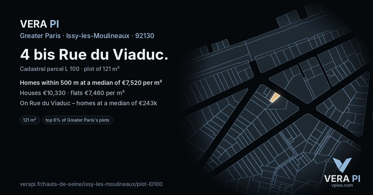 4 bis Rue du Viaduc, Issy-les-Moulineaux at night – the plot lit, the parcels around coloured by the prices near them