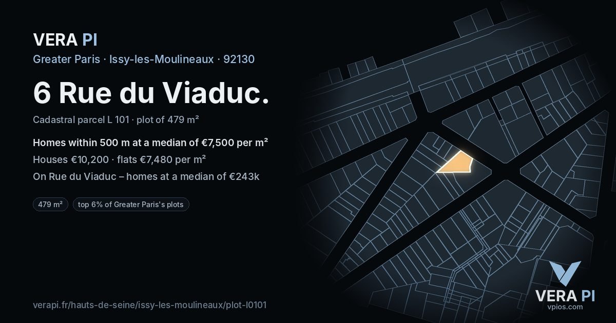 6 Rue du Viaduc, Issy-les-Moulineaux at night – the plot lit, the parcels around coloured by the prices near them