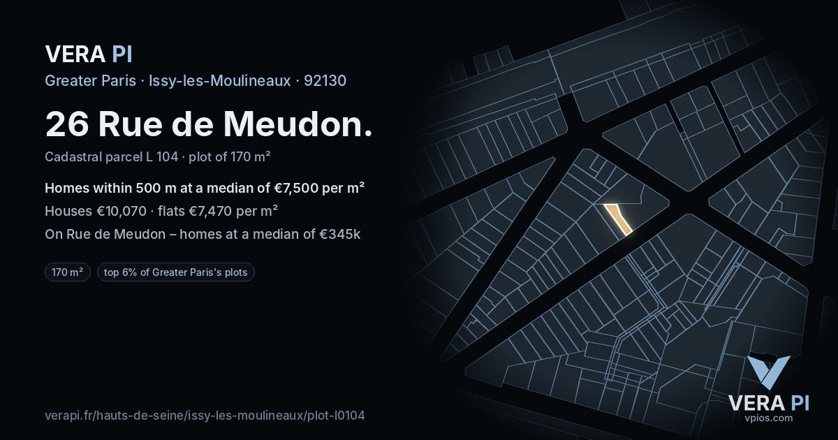 26 Rue de Meudon, Issy-les-Moulineaux at night – the plot lit, the parcels around coloured by the prices near them