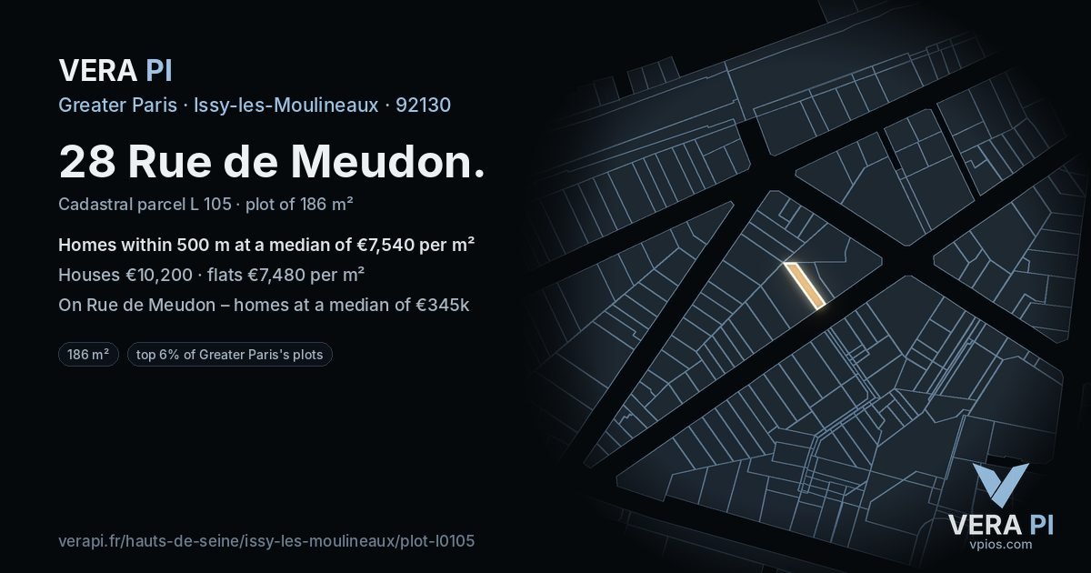28 Rue de Meudon, Issy-les-Moulineaux at night – the plot lit, the parcels around coloured by the prices near them