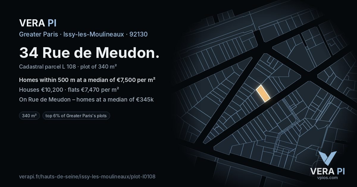 34 Rue de Meudon, Issy-les-Moulineaux at night – the plot lit, the parcels around coloured by the prices near them