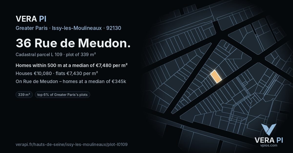 36 Rue de Meudon, Issy-les-Moulineaux at night – the plot lit, the parcels around coloured by the prices near them