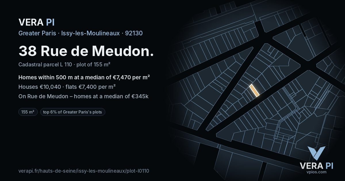 38 Rue de Meudon, Issy-les-Moulineaux at night – the plot lit, the parcels around coloured by the prices near them