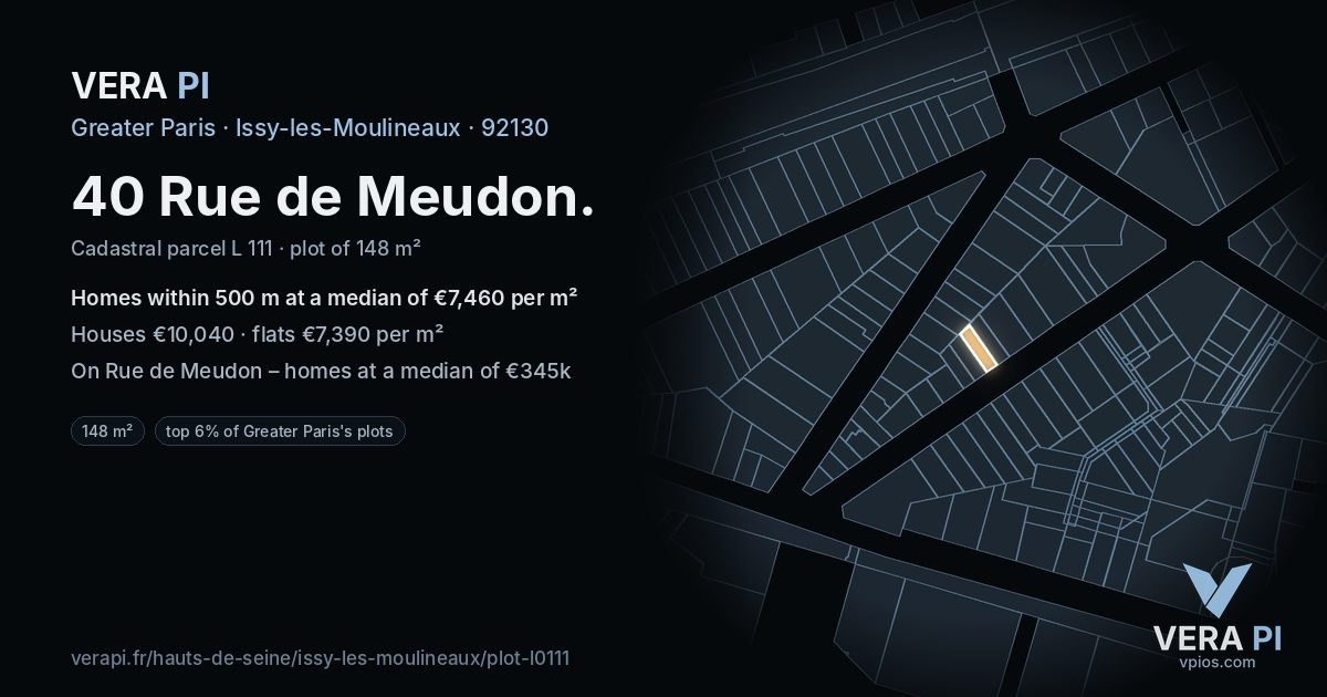 40 Rue de Meudon, Issy-les-Moulineaux at night – the plot lit, the parcels around coloured by the prices near them