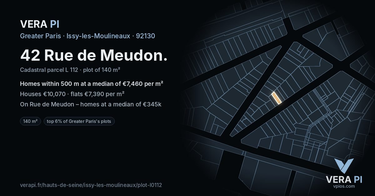 42 Rue de Meudon, Issy-les-Moulineaux at night – the plot lit, the parcels around coloured by the prices near them