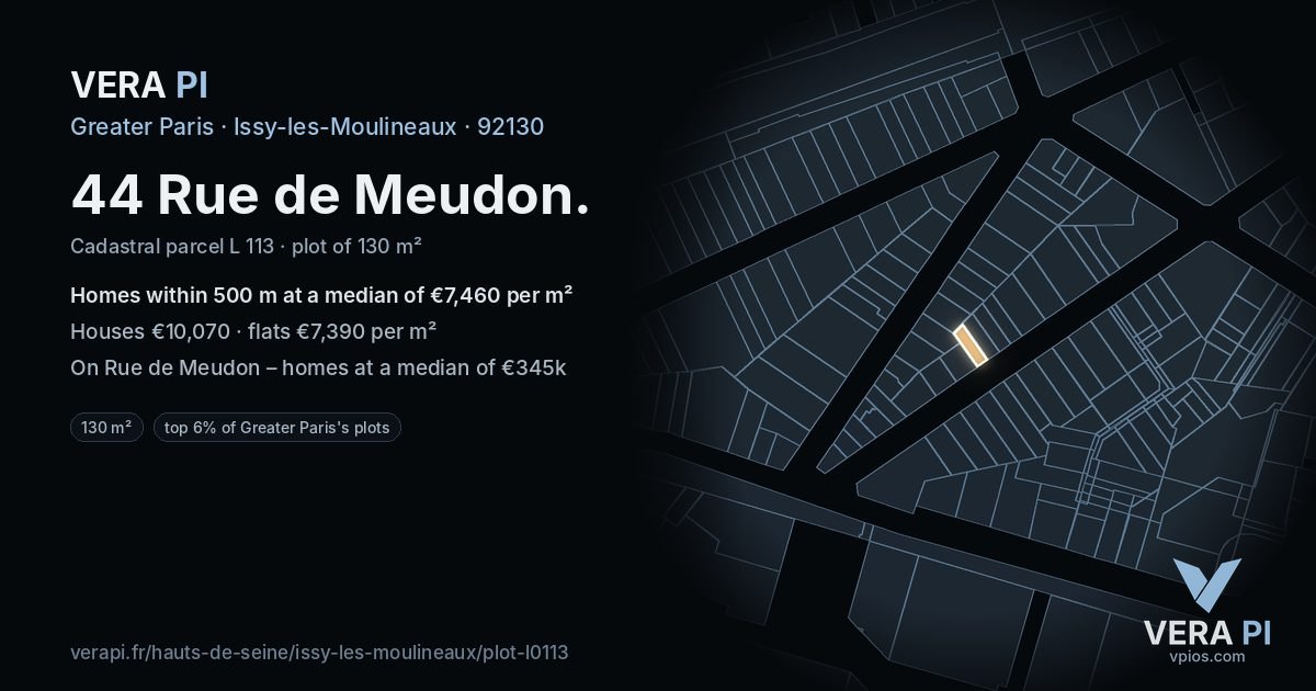 44 Rue de Meudon, Issy-les-Moulineaux at night – the plot lit, the parcels around coloured by the prices near them