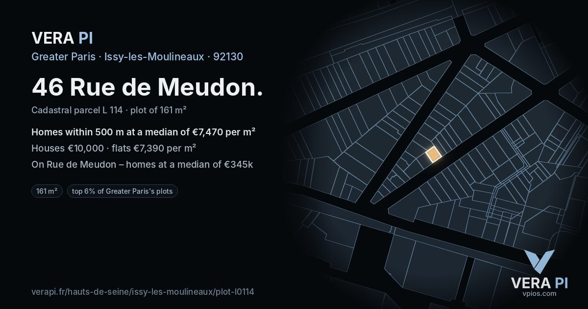 46 Rue de Meudon, Issy-les-Moulineaux at night – the plot lit, the parcels around coloured by the prices near them