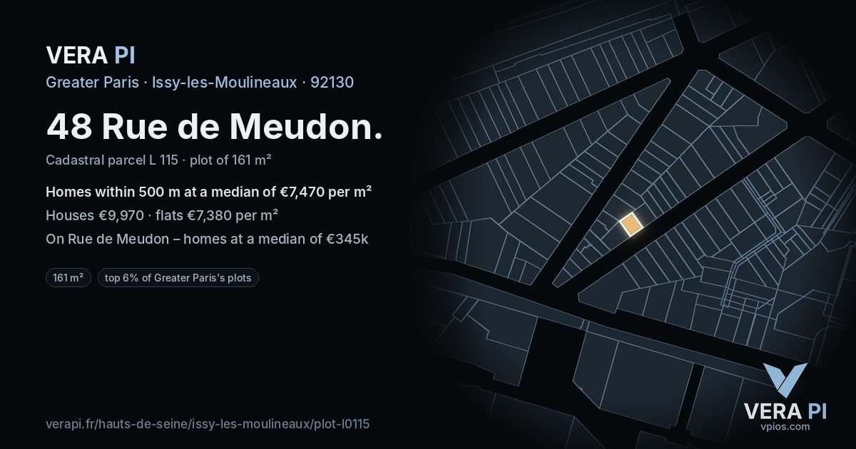 48 Rue de Meudon, Issy-les-Moulineaux at night – the plot lit, the parcels around coloured by the prices near them