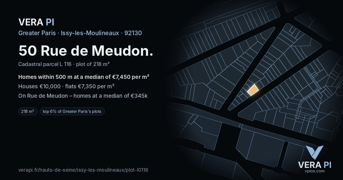 50 Rue de Meudon, Issy-les-Moulineaux at night – the plot lit, the parcels around coloured by the prices near them