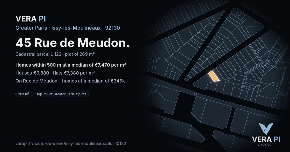 45 Rue de Meudon, Issy-les-Moulineaux at night – the plot lit, the parcels around coloured by the prices near them